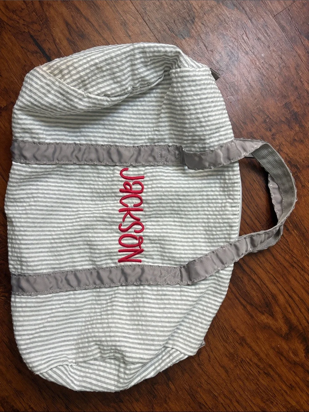 Personalized Kids Tote Bag in White and Gray with Red Embroidery
